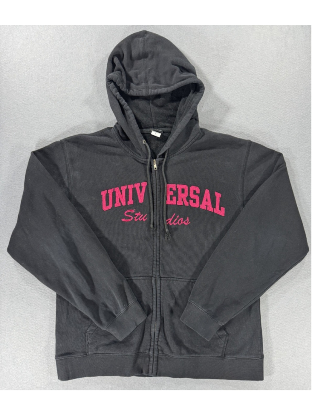 Universal Studios Black Full Zip Hoodie Pink Embroidered Logo Size L